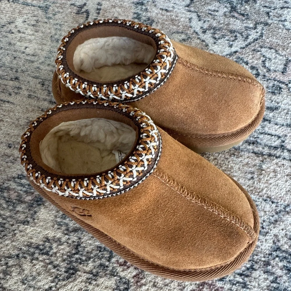 UGG Kids Brown Suede Slip-On Clog with Braided Trim
